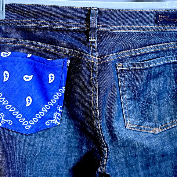 Dark Wash Jeans – Custom Flares with Blue Bandana Details - Picture 3 of 4